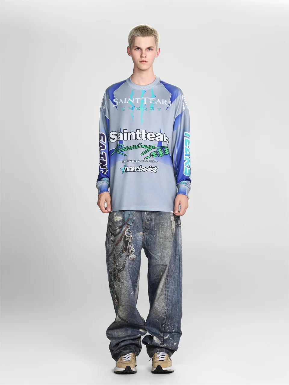 Saint michael tears all-over printed long-sleeved vintage autumn and winter T-shirt Style number: 116 Size: M L XL Wholesale price: 136 Color: blue yellow
